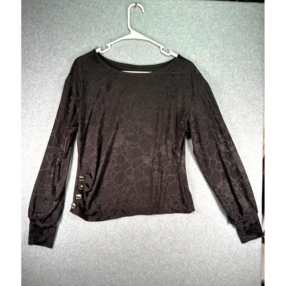 Womens Blouse Top Black Floral Jacquard Classic Party Wear Long Sleeve Boat Neck